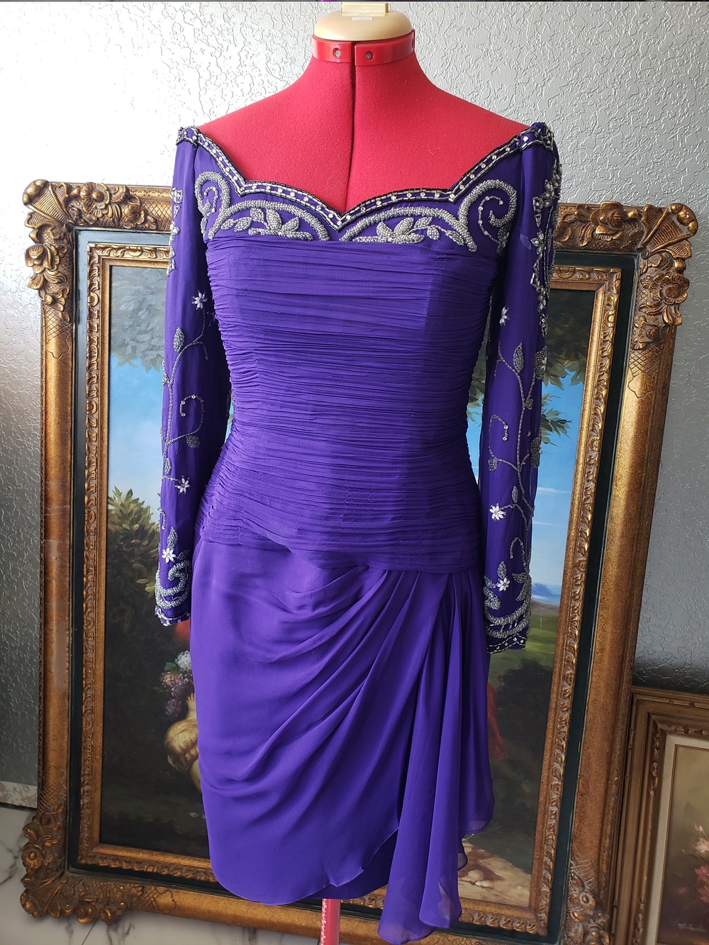 H♡rtly Purple Off-Shoulder Long Sleeve Evening Dress with Embellished Accents